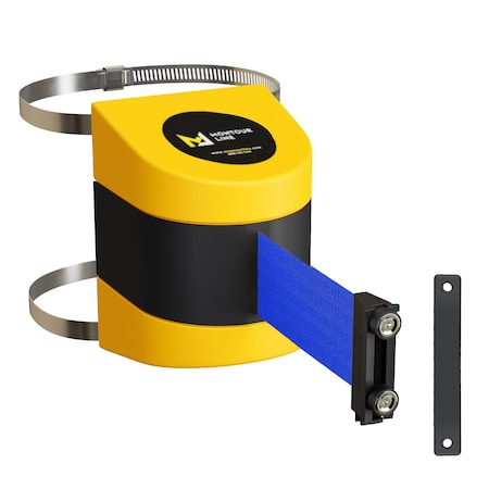 Montour Line Retractable Belt Barrier YW Clamped Wall Mount, 9' Blue Belt (M) PWM200-YW-BL-C-M-90